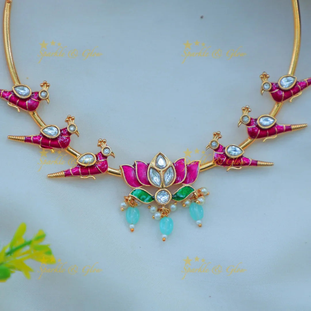 Stunning Enamel Bird Motif hasli Necklace Set with Lotus Pendant - Sparkle and Glow