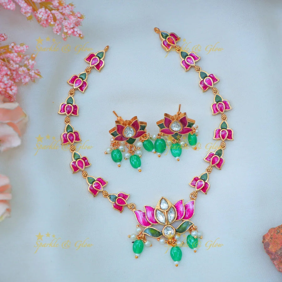 Stunning Pink Lotus Meenakari short necklace with Green Bead Drops - Sparkle and Glow