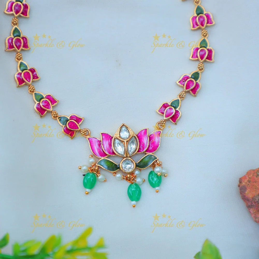 Stunning Pink Lotus Meenakari short necklace with Green Bead Drops - Sparkle and Glow