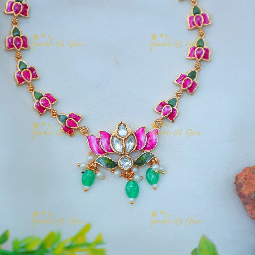Stunning Pink Lotus Meenakari short necklace with Green Bead Drops - Sparkle and Glow