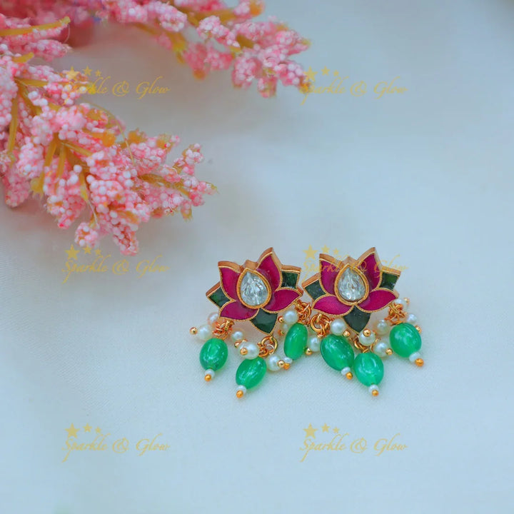 Stunning Pink Lotus Meenakari short necklace with Green Bead Drops - Sparkle and Glow