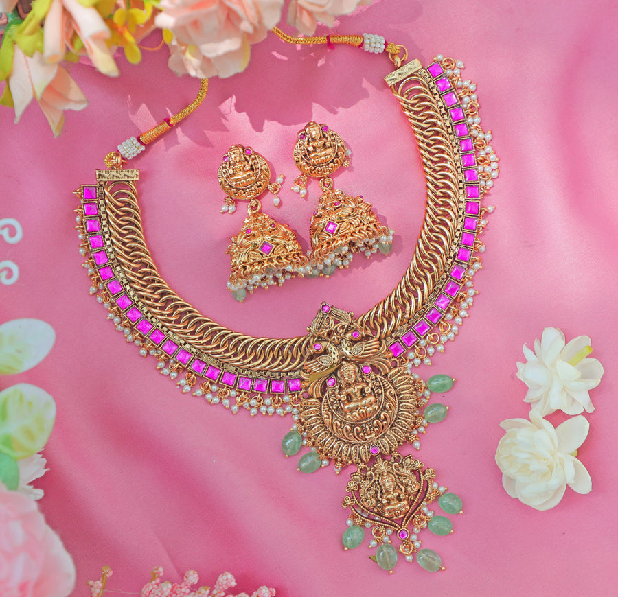 Grand Jadau Kundan Jalebi design Idol Lakshmi pendant carved Short necklace - Sparkle and Glow