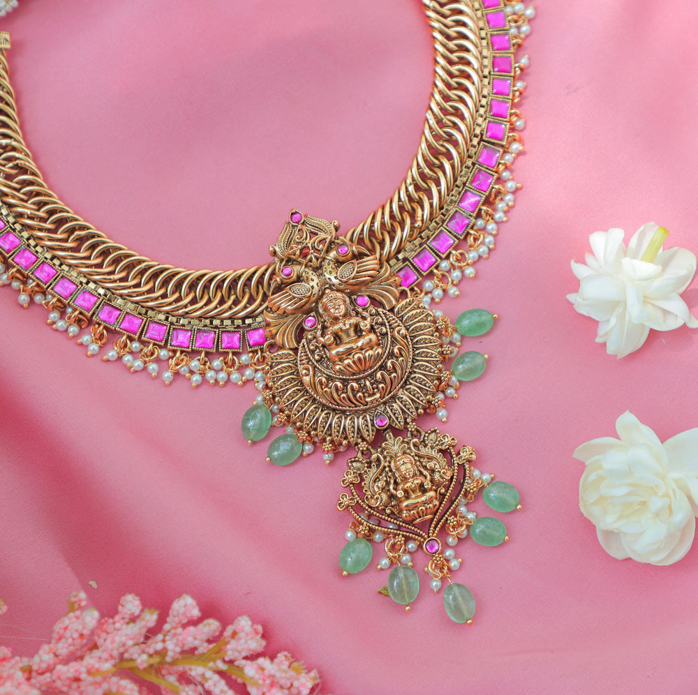 Grand Jadau Kundan Jalebi design Idol Lakshmi pendant carved Short necklace - Sparkle and Glow