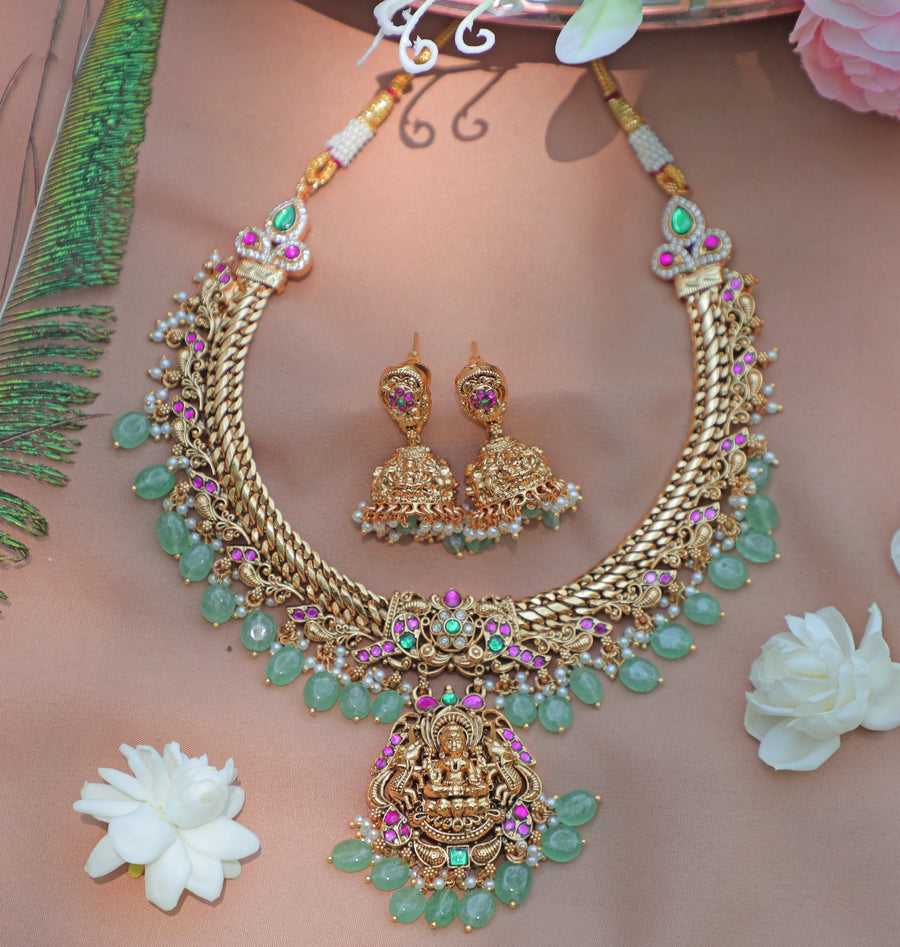 Stunning Jadau Antique jalebi Temple Necklace Set with Green Beads and Lakshmi Pendant - Sparkle and Glow