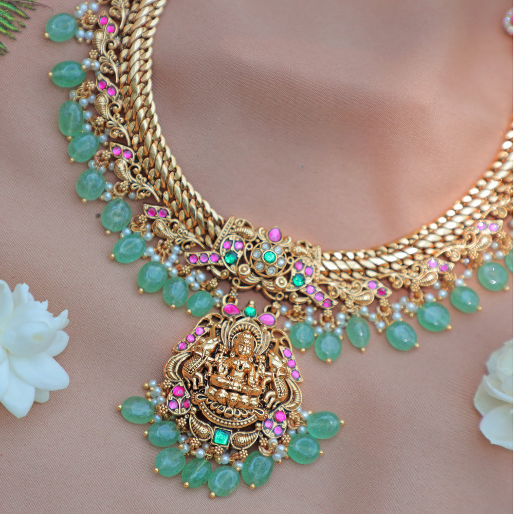 Stunning Jadau Antique jalebi Temple Necklace Set with Green Beads and Lakshmi Pendant - Sparkle and Glow