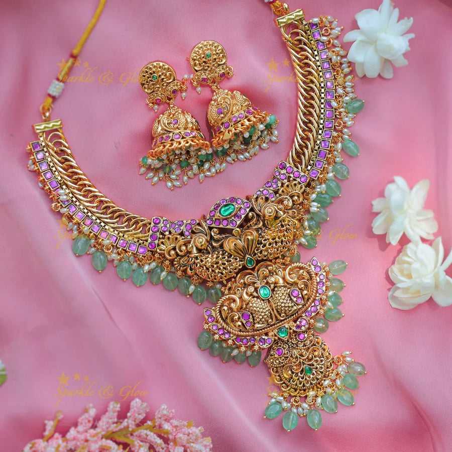 Stunning Peacock Floral Jadau Jalebi design Short necklace with green beads - Sparkle and Glow