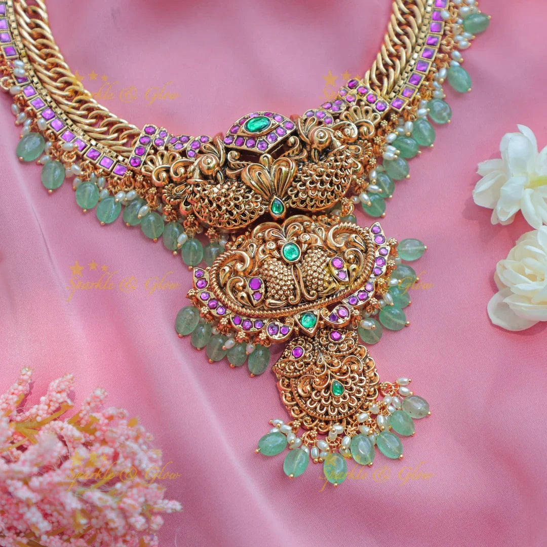 Stunning Peacock Floral Jadau Jalebi design Short necklace with green beads - Sparkle and Glow