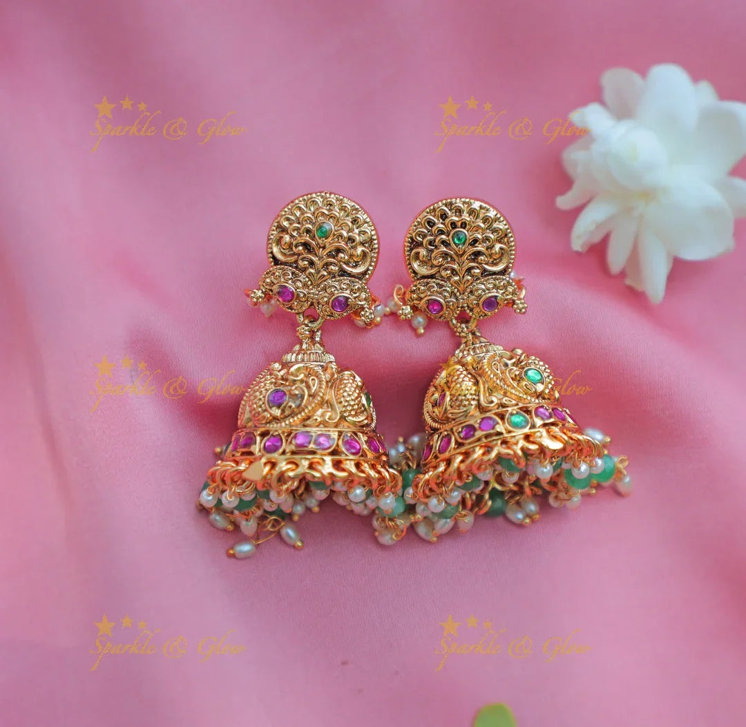 Stunning Peacock Floral Jadau Jalebi design Short necklace with green beads - Sparkle and Glow