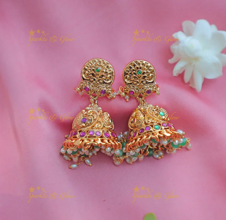 Stunning Peacock Floral Jadau Jalebi design Short necklace with green beads - Sparkle and Glow