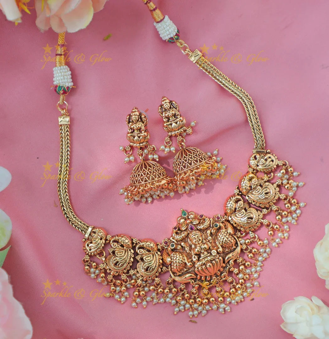 Stunning Antique gold alike Lakshmi Temple Short Necklace with Pearl Drops - Sparkle and Glow