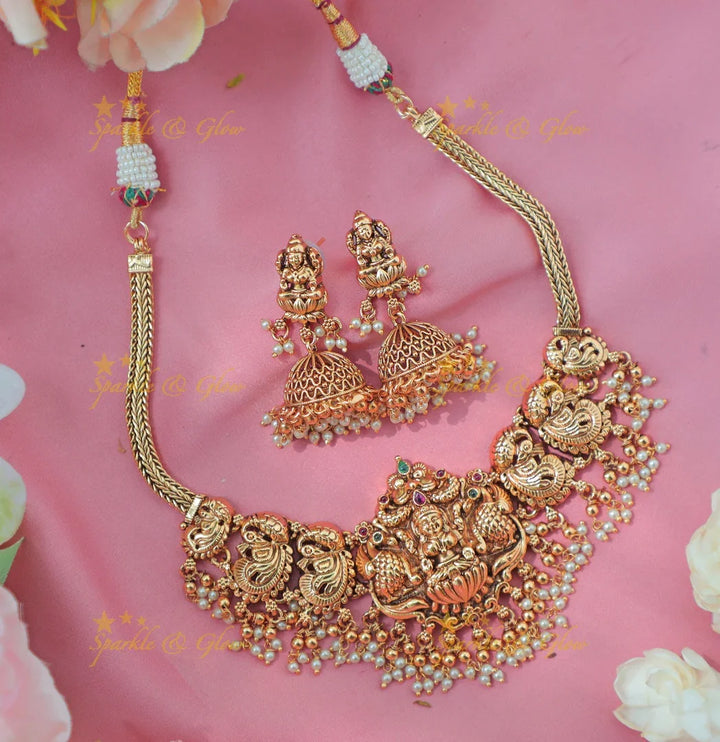 Stunning Antique gold alike Lakshmi Temple Short Necklace with Pearl Drops - Sparkle and Glow
