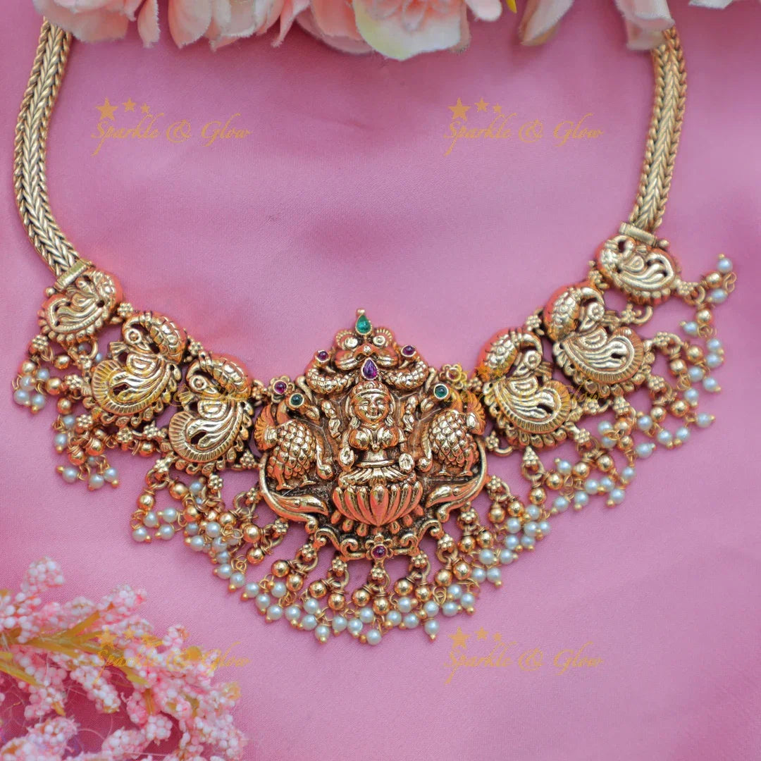 Stunning Antique gold alike Lakshmi Temple Short Necklace with Pearl Drops - Sparkle and Glow