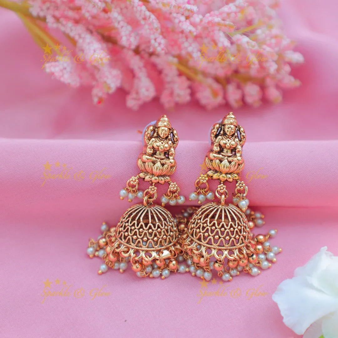 Stunning Antique gold alike Lakshmi Temple Short Necklace with Pearl Drops - Sparkle and Glow