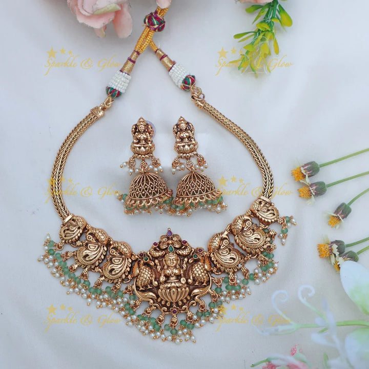 Stunning Antique gold alike Lakshmi Temple Short Necklace with Pearl Drops - Sparkle and Glow