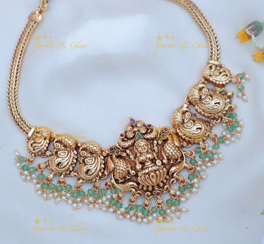 Stunning Antique gold alike Lakshmi Temple Short Necklace with Pearl Drops - Sparkle and Glow