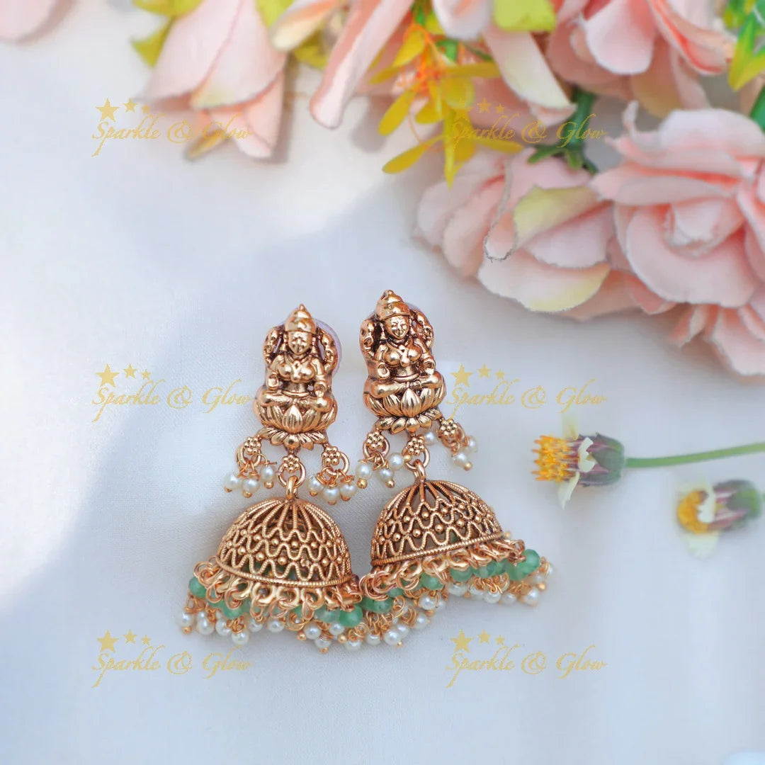 Stunning Antique gold alike Lakshmi Temple Short Necklace with Pearl Drops - Sparkle and Glow