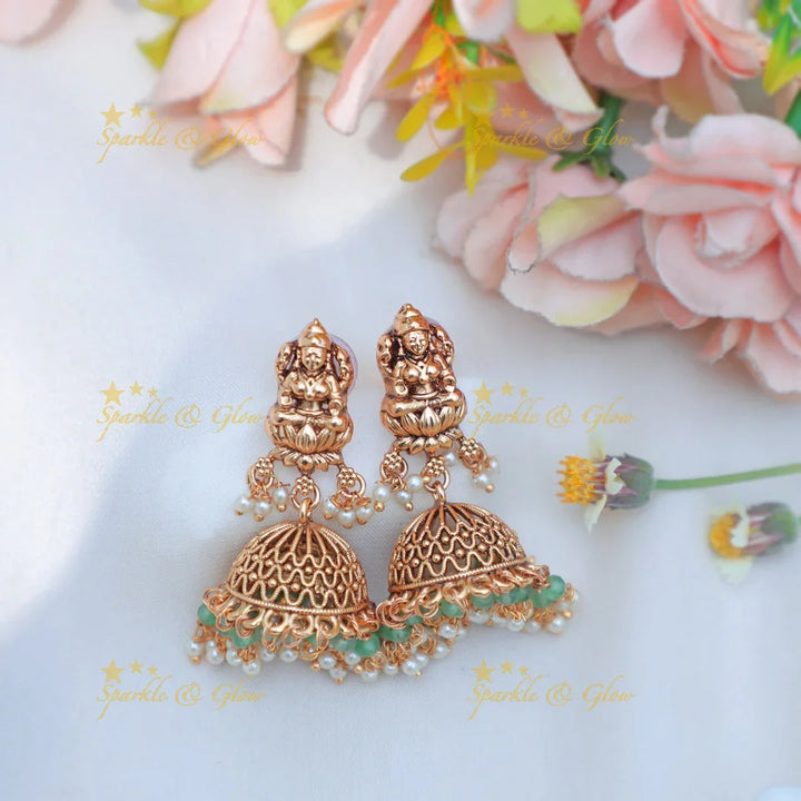 Stunning Antique gold alike Lakshmi Temple Short Necklace with Pearl Drops - Sparkle and Glow