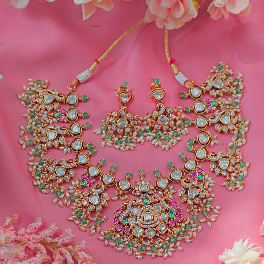 Stunning Jadau Kundan Guttapusalu Bridal Short Necklace Set with Green Beads and Pink Accents - Sparkle and Glow