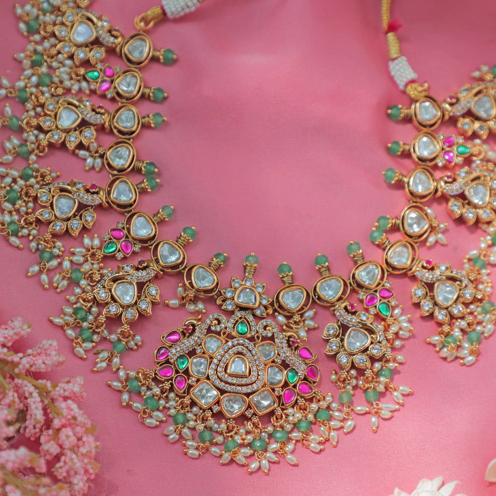 Stunning Jadau Kundan Guttapusalu Bridal Short Necklace Set with Green Beads and Pink Accents - Sparkle and Glow