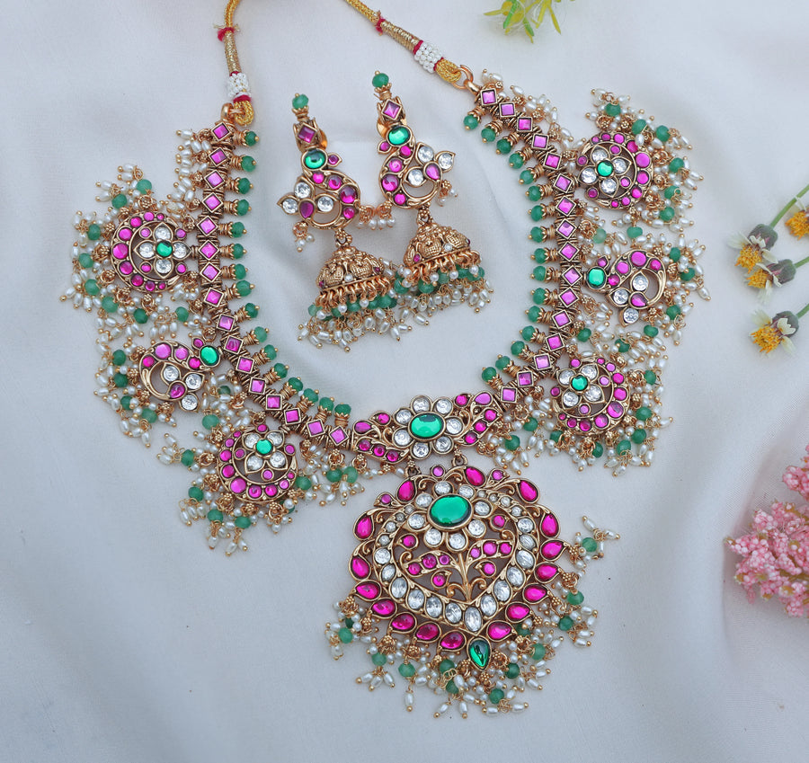 Elegant Jadau Kundan Floral guttapusalu Bridal Necklace Set with Jhumka Earrings - Sparkle and Glow