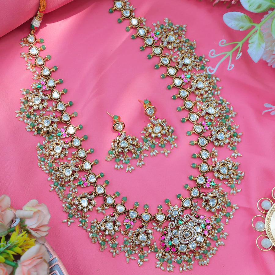 Stunning Jadau Kundan Floral Guttapusalu Bridal Haram with Green Beads & Pearl Clusters - Sparkle and Glow