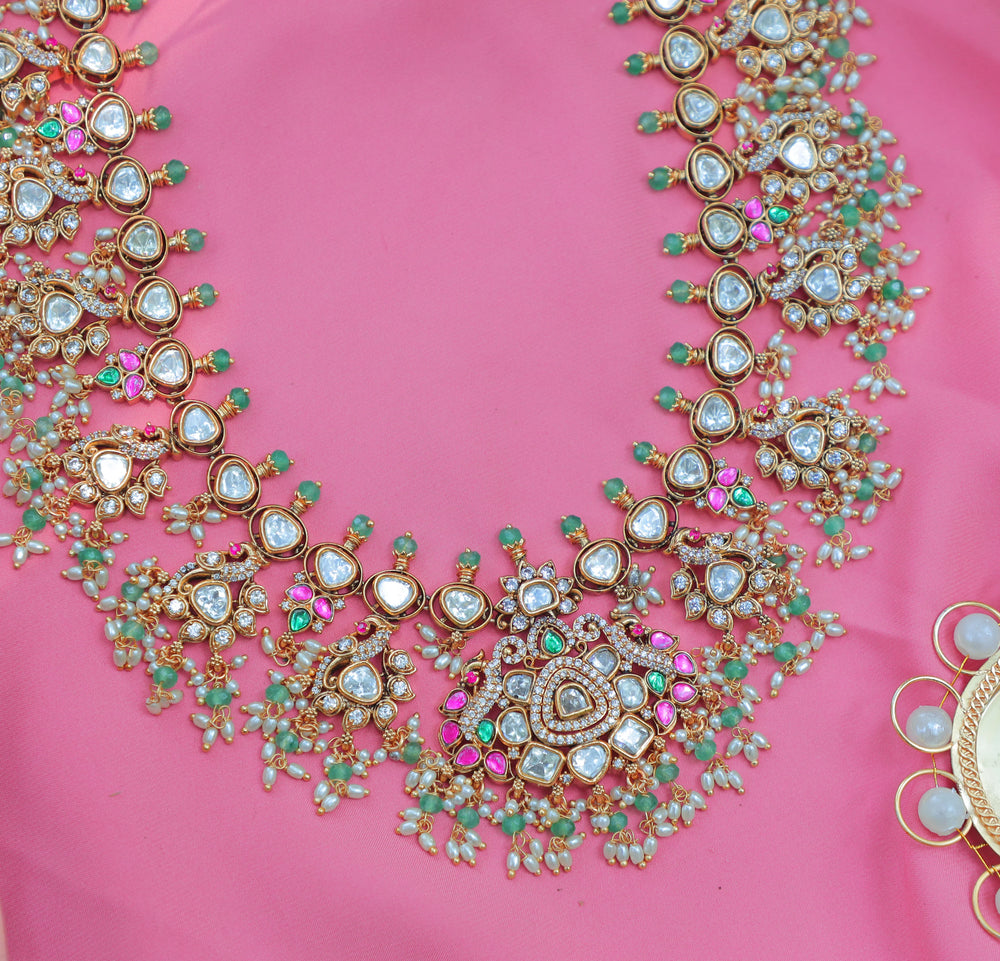 Stunning Jadau Kundan Floral Guttapusalu Bridal Haram with Green Beads & Pearl Clusters - Sparkle and Glow