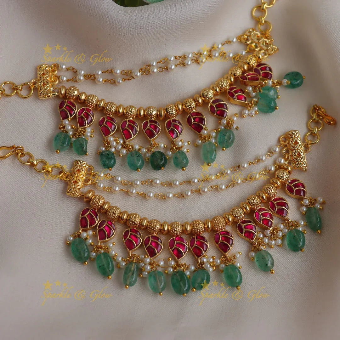 Stunning Jadau Kundan Leaf Design Ear Chain with Green Drops & Pearls - Sparkle and Glow