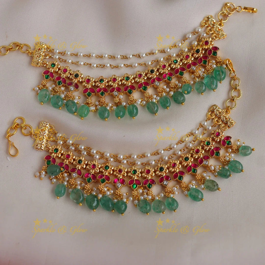 Stunning Floral Jadau Kundan Ear Chain with Green Drops & Pearl Strands - Sparkle and Glow