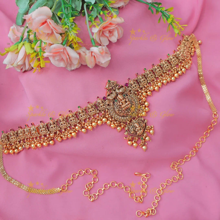 Beautiful Antique Gold alike Lakshmi Temple Hip Chain with Pearl Drops - Sparkle and Glow