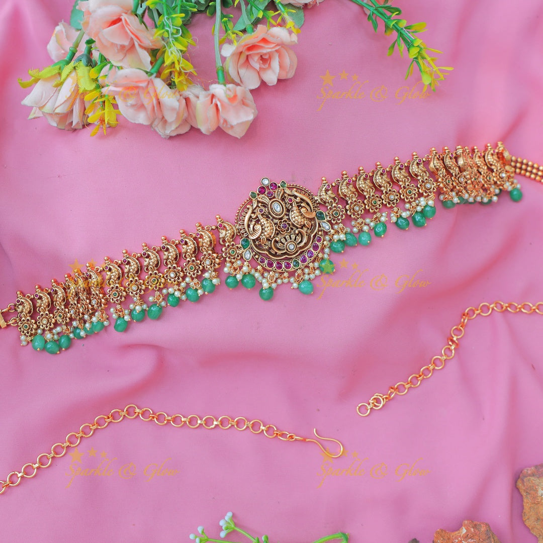 Antique Gold alike Peacock Motif Hip Chain with Green Beads