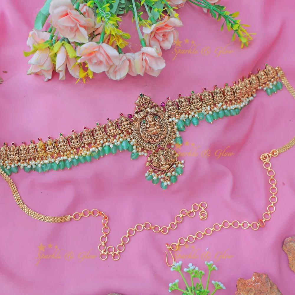 Beautiful Antique Gold alike Lakshmi Temple Hip Chain with Pearl Drops - Sparkle and Glow