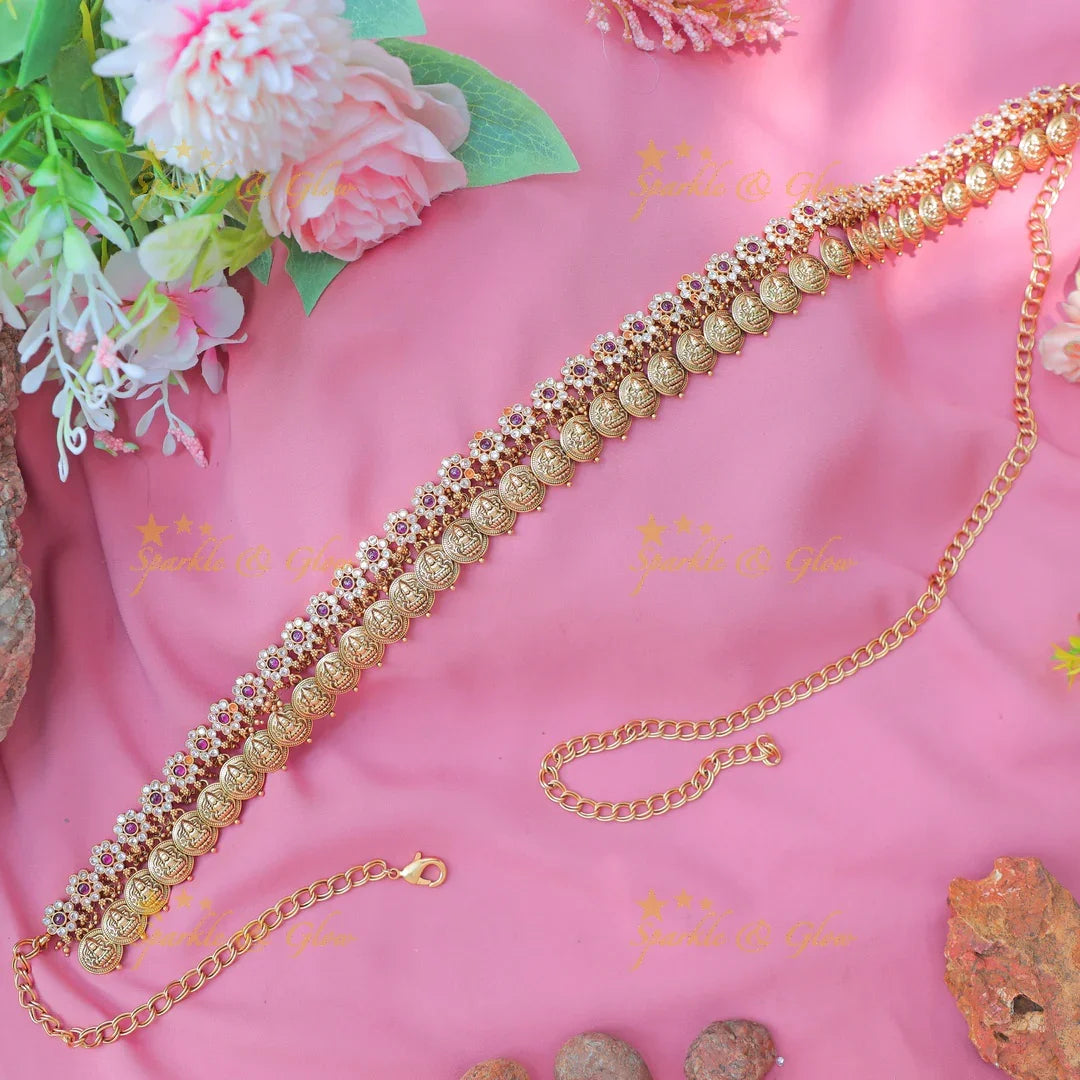 Elegant Antique Gold alike Coin and Floral Motif Hipchain with Ruby Accents - Sparkle and Glow