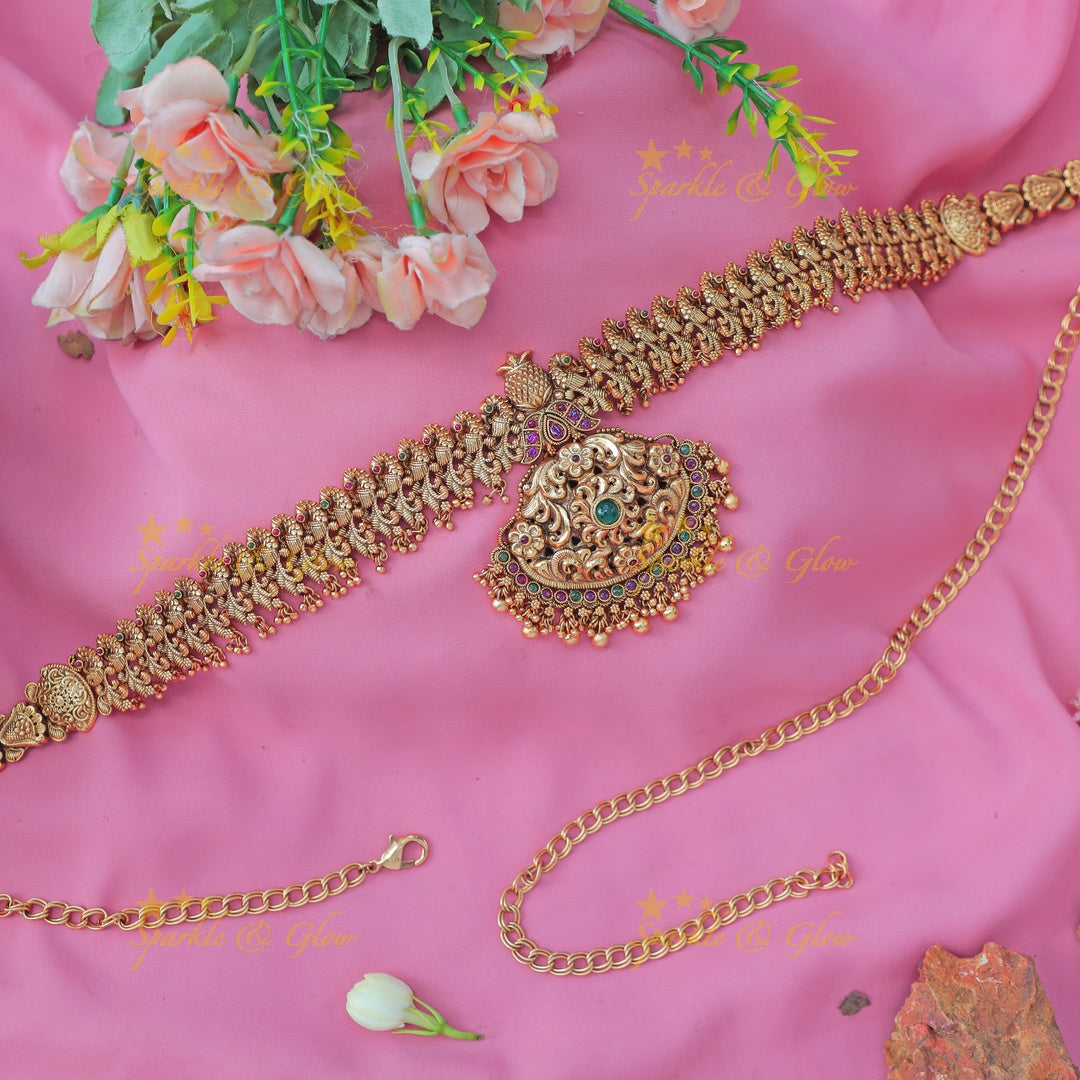 Stunning Antique Gold alike Temple Lakshmi Hip Chain with Peacock Motif Pendant