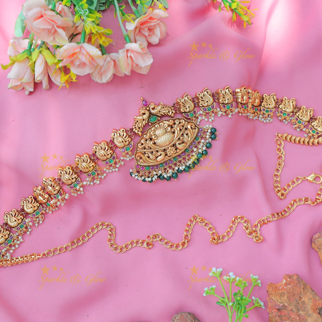 Stunning Antique Gold alike Lakshmi Hipchain with Emerald Bead Detailing