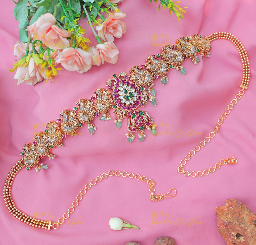 Beautiful Designer Peacock Motif Hipchain with Pink & Green Stones