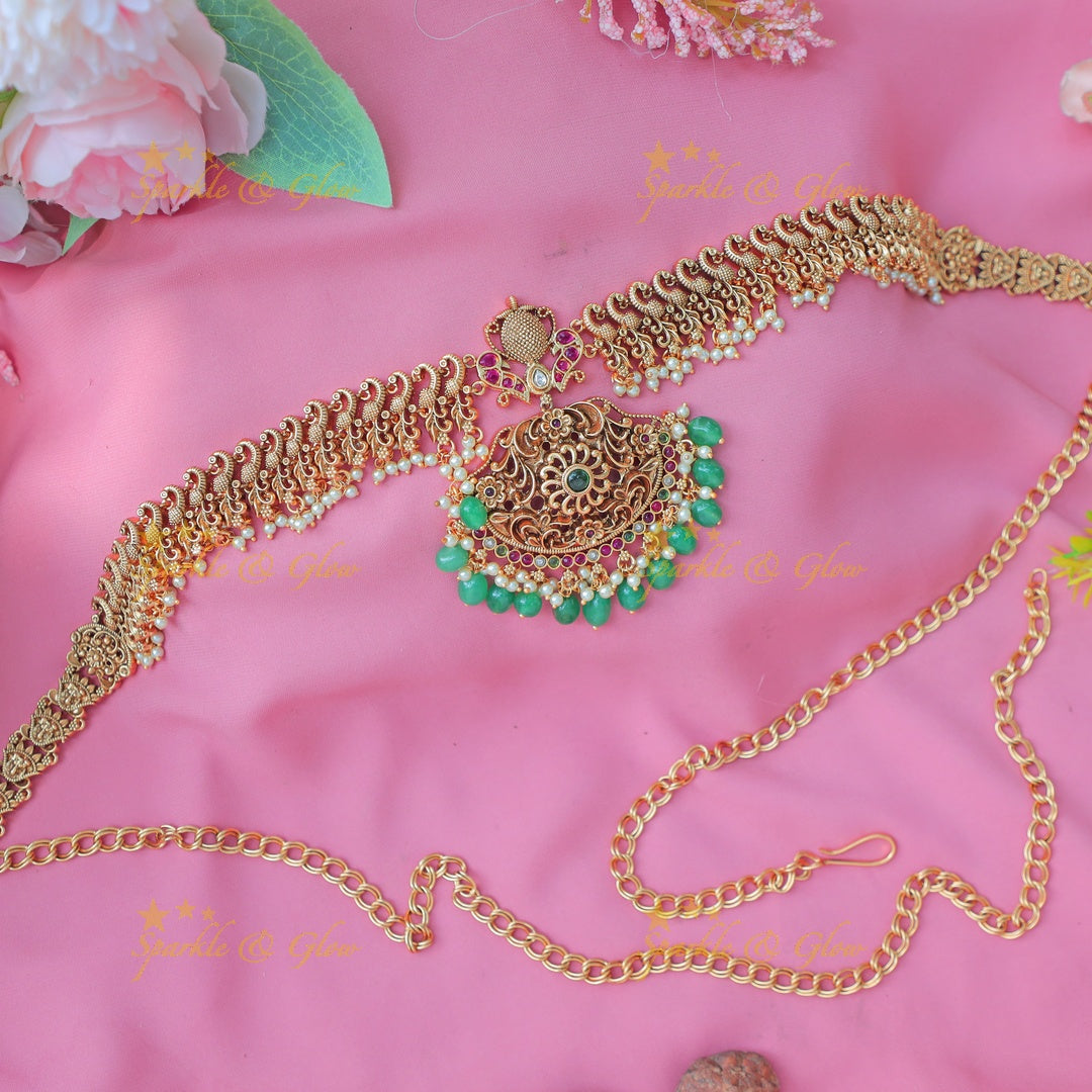 Beautiful Antique Gold alike Temple Hip Chain with Green Bead Drops & Floral Pendant