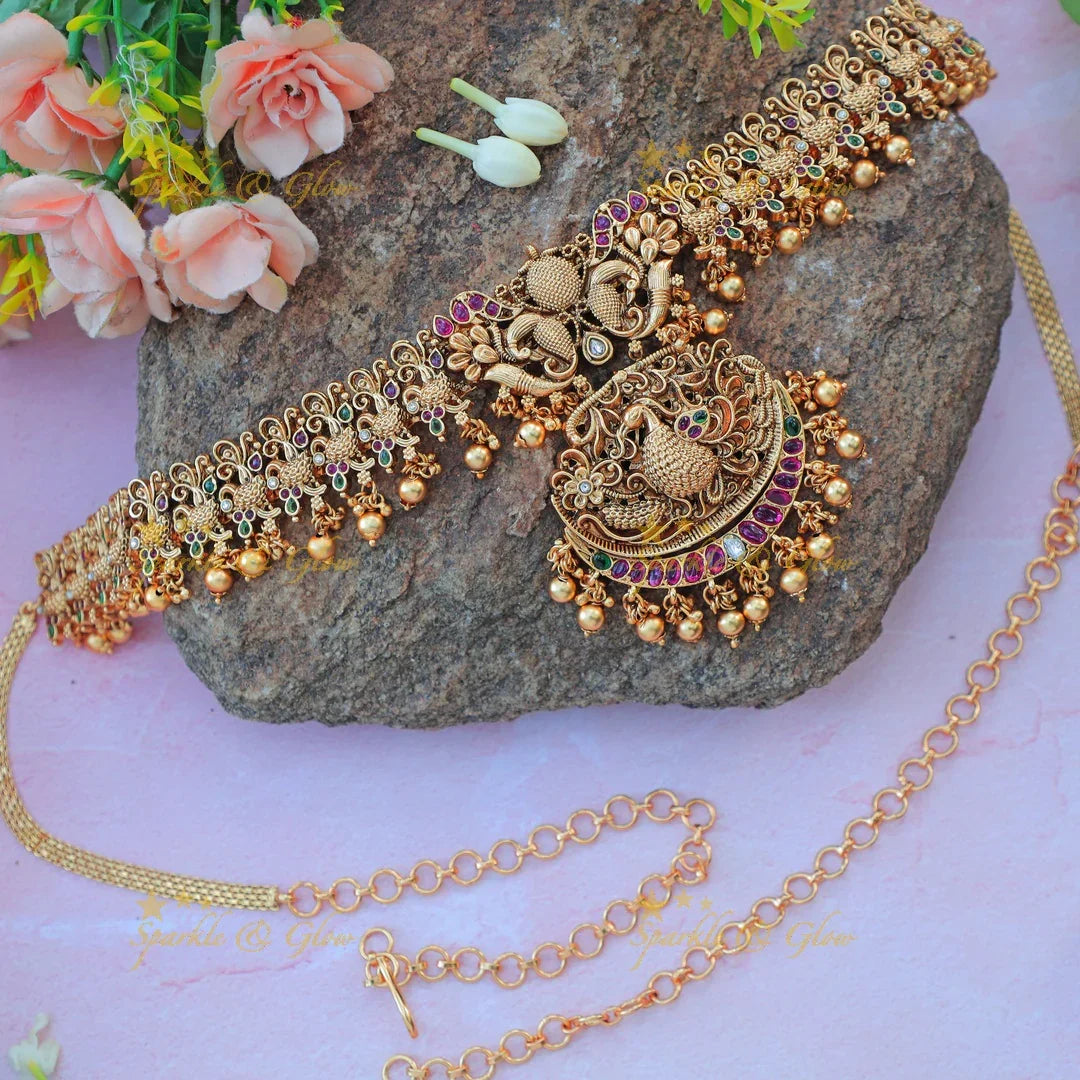 Beautiful Antique Gold alike Peacock Hip Chain with Ruby & Ball Hangings - Sparkle and Glow