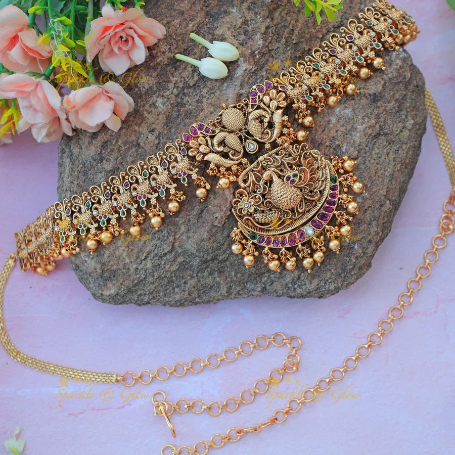 Beautiful Antique Gold alike Peacock Hip Chain with Ruby & Ball Hangings - Sparkle and Glow