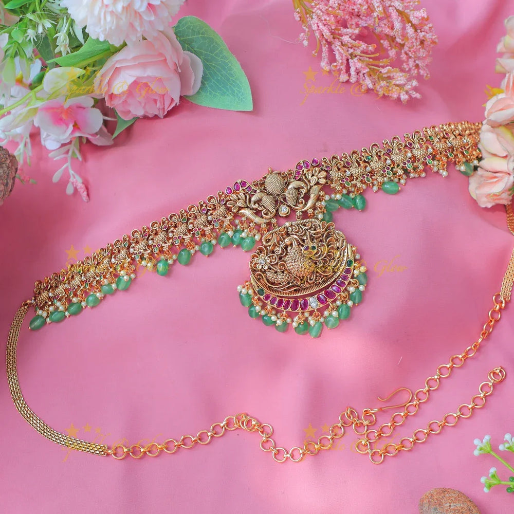 Beautiful Antique Gold alike Peacock Hip Chain with Ruby & Ball Hangings - Sparkle and Glow