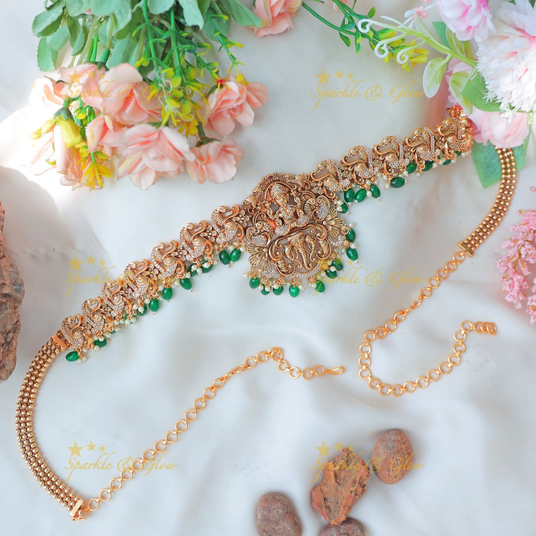 Elegant Antique Gold alike Lakshmi Hip Chain with Emerald Beads & CZ Accents