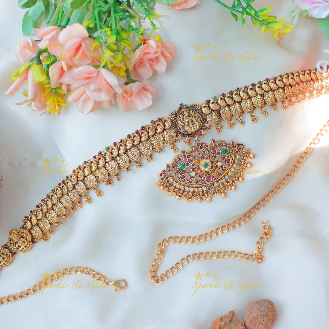 Stunning Antique gold alike Coin Hipchain with Detachable Pendant & Temple Motif - Sparkle and Glow