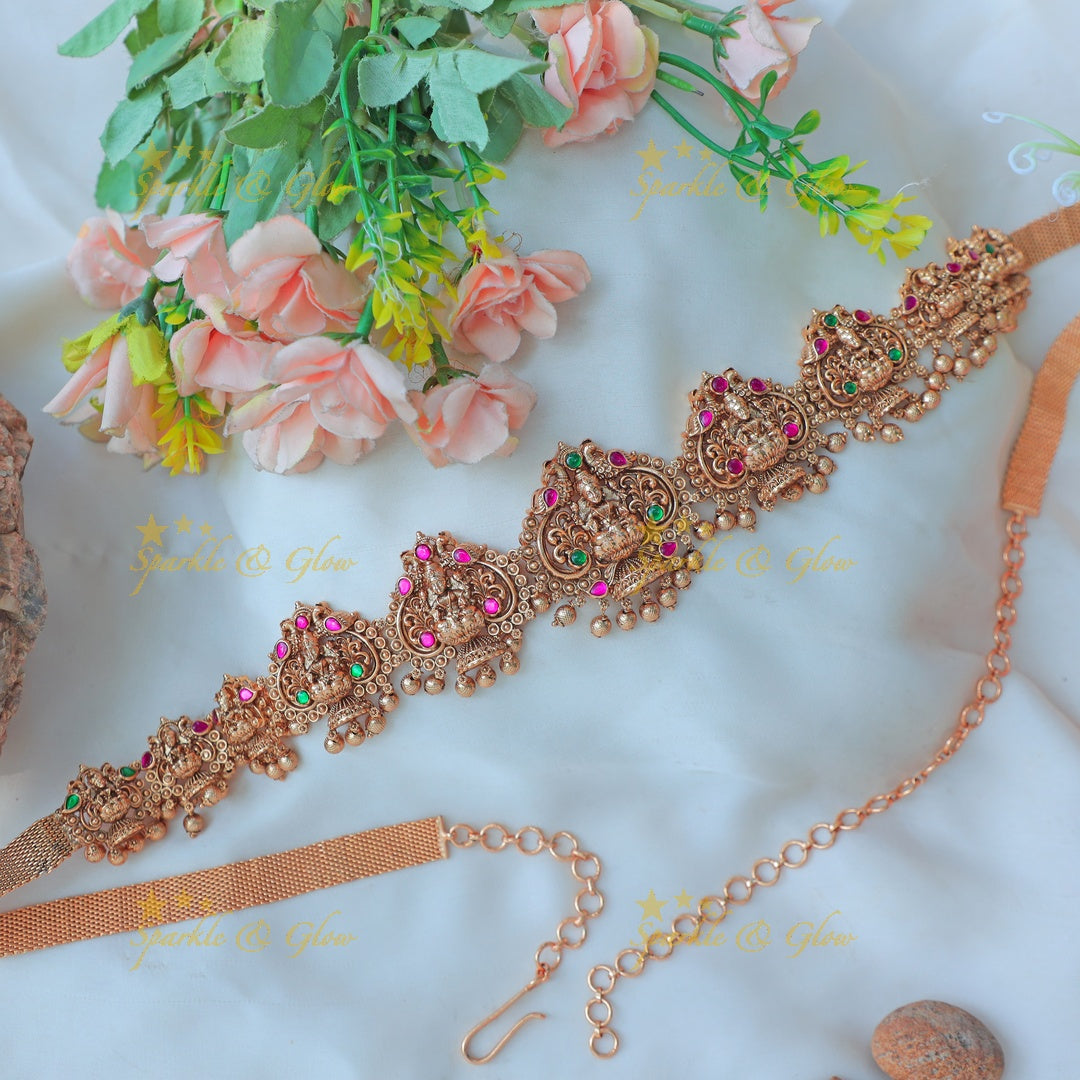 Stunning Antique Gold alike Lakshmi Hip Chain with Ruby & Emerald Stones