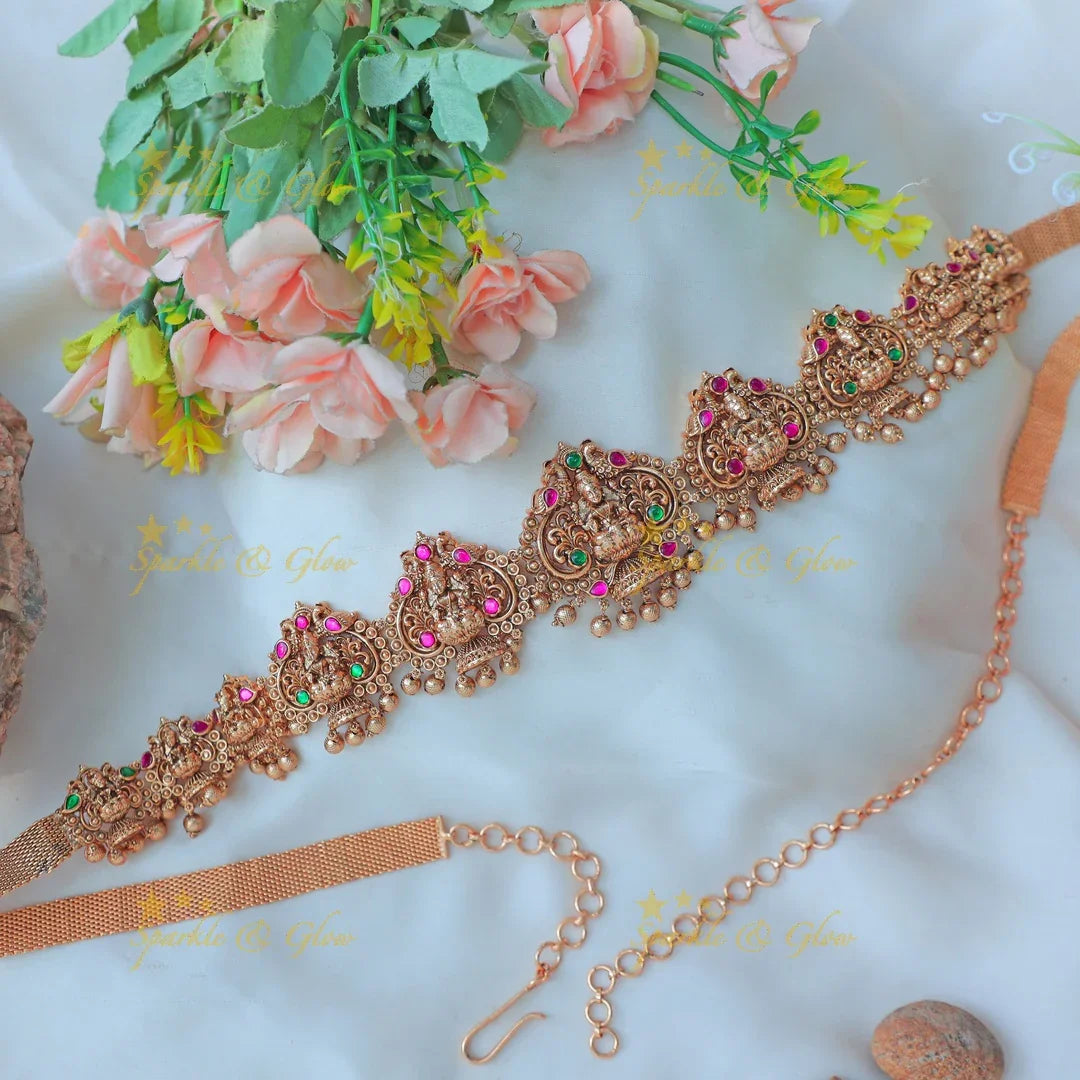 Stunning Antique Gold alike Lakshmi Hip Chain with Ruby & Emerald Stones - Sparkle and Glow