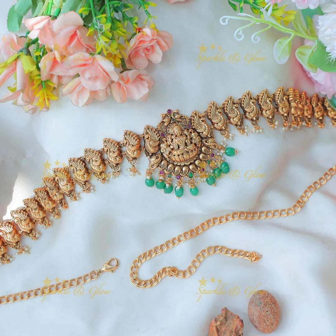 Beautiful Antique Gold alike Lakshmi Temple Hip Chain with Green Bead Drops - Sparkle and Glow
