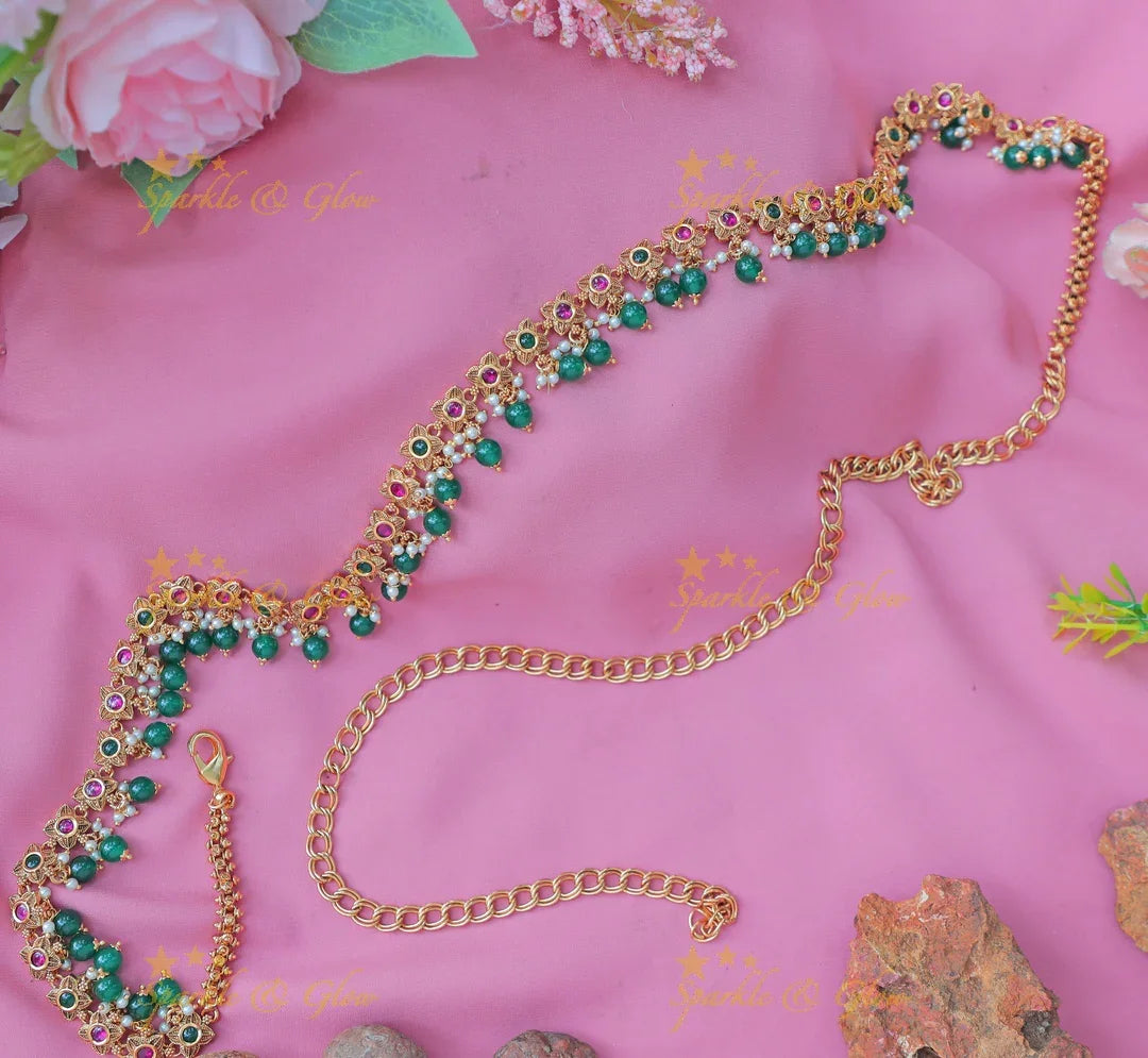 Stunning Gold alike Floral Hipchain with Green Beads & Ruby Accents - Sparkle and Glow