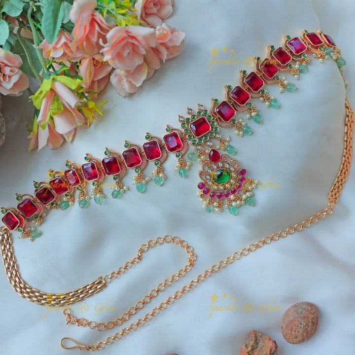 Stunning Ruby Stone Hip Chain with Designer Pendant & Green Bead Drops - Sparkle and Glow