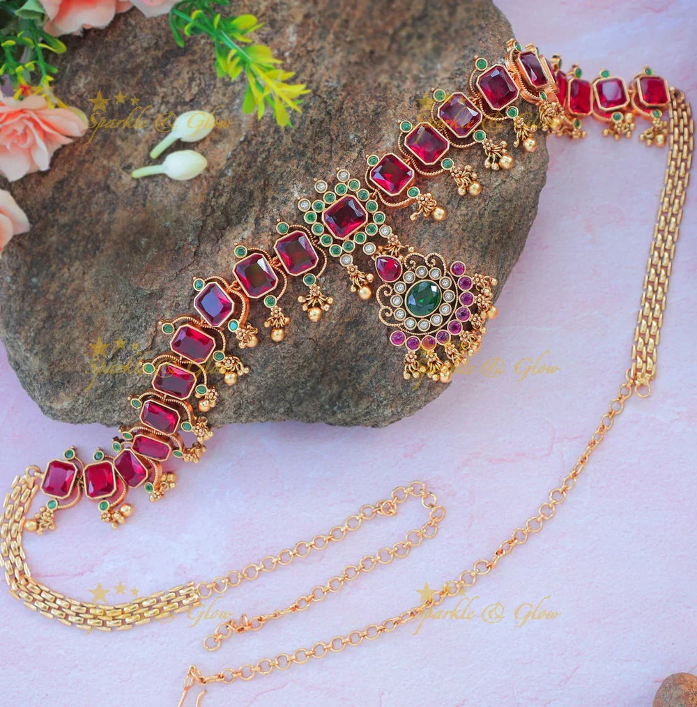 Stunning Ruby Stone Hip Chain with Designer Pendant & Green Bead Drops - Sparkle and Glow