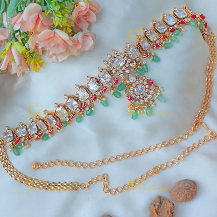 Stunning Ruby Stone Hip Chain with Designer Pendant & Green Bead Drops - Sparkle and Glow