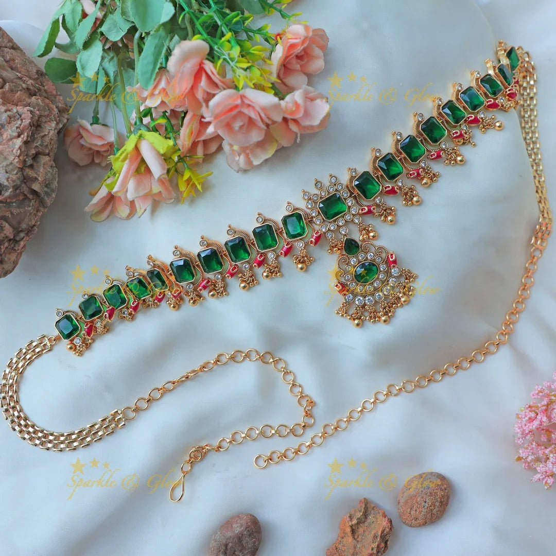 Stunning Ruby Stone Hip Chain with Designer Pendant & Green Bead Drops - Sparkle and Glow