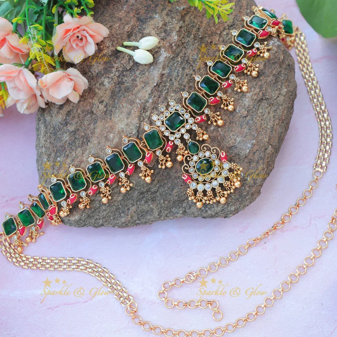 Stunning Ruby Stone Hip Chain with Designer Pendant & Green Bead Drops - Sparkle and Glow